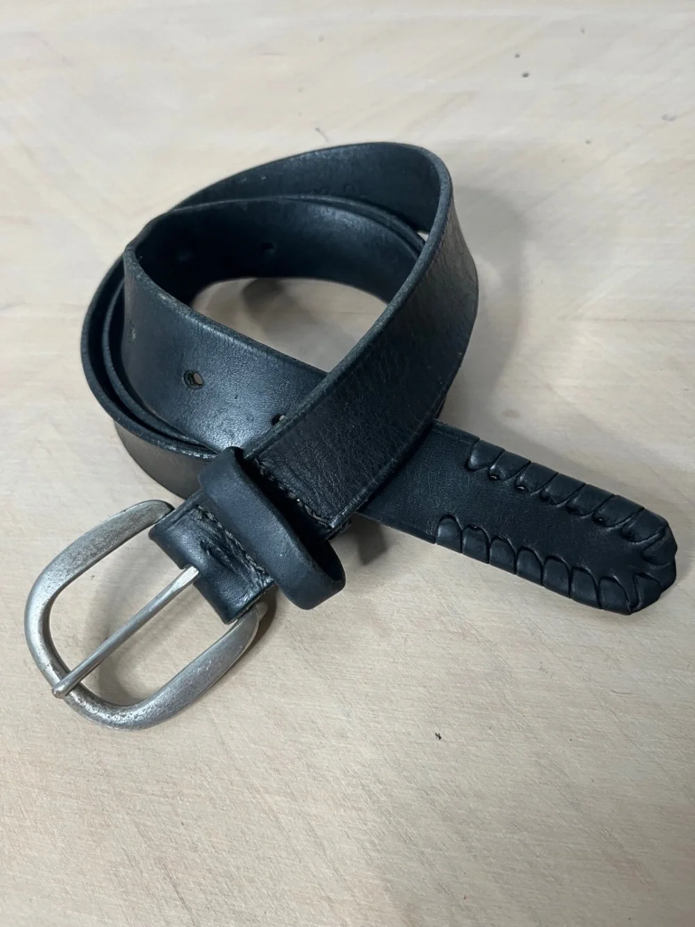 Christian Dior Men's Black Leather Belt with Braided Tip and Silver Buckle 38
